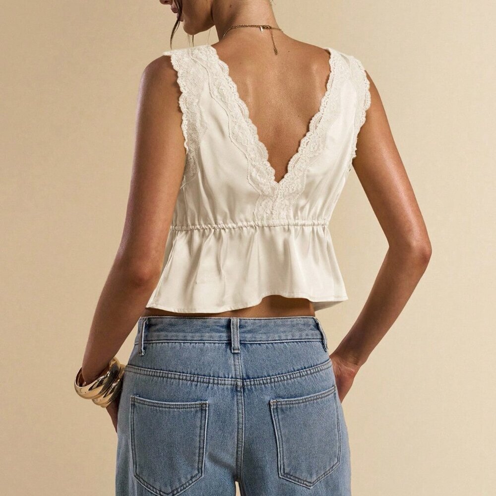 Apricot Sexy Satin Lace Patchwork Women's Camisole Top - Picture 2 of 6